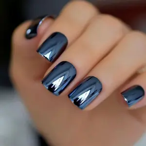 Y2K Style Magic Blue Metal Chrome Press-On Nails, Square Nail Shape, Square Glossy Metallic Finish, Includes Jelly Glue and Nail File, Perfect for Rave Parties