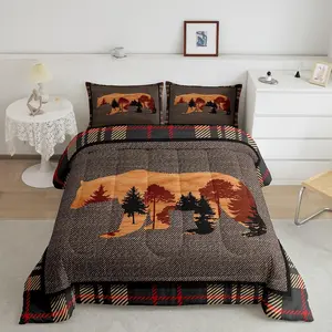 Feelyou Hunting Bear Bedding Comforter Set - Rustic Farmhouse Style, Buffalo Plaid Pattern, Woodland Wild Animals Design, Cabin Lodge Aesthetic Duvet Set