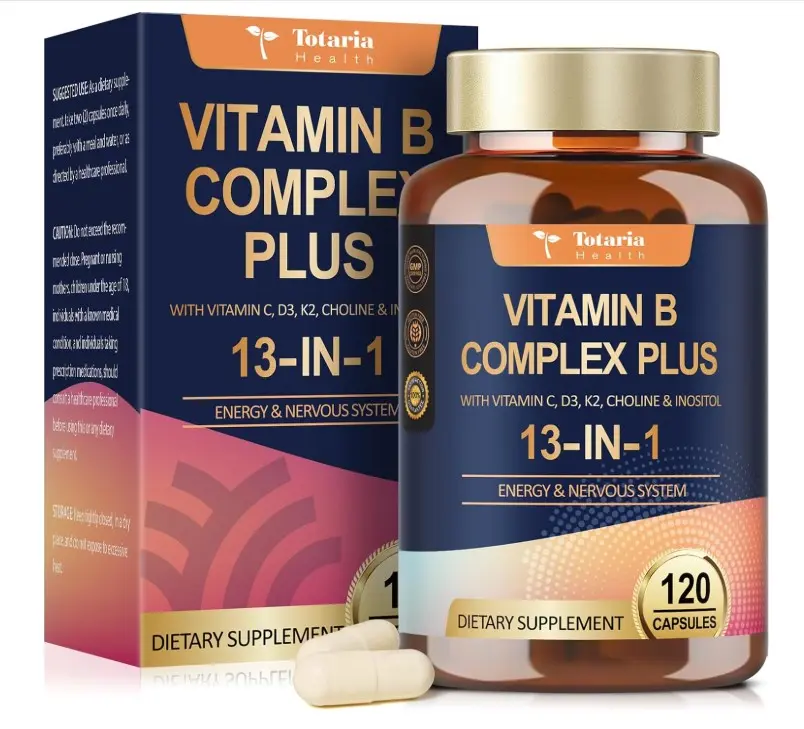 13-in-1 Vitamin B Complex Plus with Vitamin B1, B2, B3 (Niacinamide), B4, B5, B6, B7 (Biotin), B8 (Inositol), B9 (Folate), B12, C, D3, K2 - Energy, Nerve, Immune, Skin Support - 120 Vegan Capsules