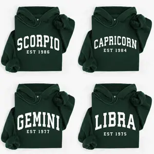 (LEAVE A NOTE or DM SHOP) Custom Zodiac Hoodie with Est Year - Forest Green, Cute Horoscope Astrology Graphic Hoodie, Unisex Crewneck Hoodie, Personalized Zodiac Energy Gift for Birthday, Star Sign Lovers, Celestial Hoodie - AG