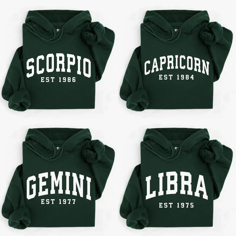 (LEAVE A NOTE or DM SHOP) Custom Zodiac Hoodie with Est Year - Forest Green, Cute Horoscope Astrology Graphic Hoodie, Unisex Crewneck Hoodie, Personalized Zodiac Energy Gift for Birthday, Star Sign Lovers, Celestial Hoodie - AG