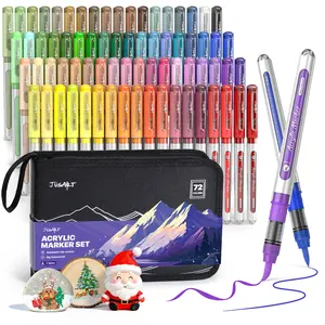 JusArt 48 Colors Acrylic Paint Markers with Canvas Bag, Water-Based No-Bleed Paint Pens with Automatic Ink Control, Waterproof Brush Tip Markers for DIY Art & Crafts -Fabric, Rock, Wood, Glass, Metal