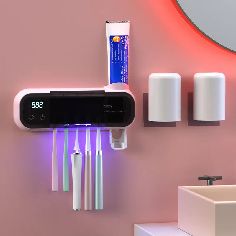 Silicone Wall-Mount UV Sterilizing Tooth Cup, No-Drill Toothbrush Sterilizer with Electric Drying Storage Rack for Bathroom Organization