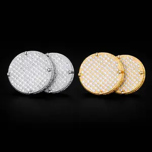 14MM Gold Color Big Round Stud Earring AAAAA Cubic Zircon Screw Back Men's Earrings Fashion Hip Hop Jewelry