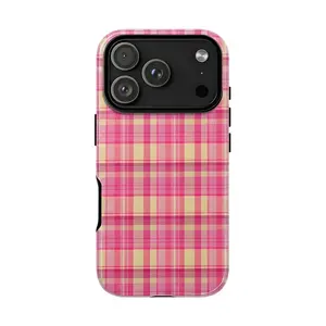 Retro Pink Plaid Shockproof Phone Case, MagSafe Wireless Charging Compatible, Dual-Layer Protection Cover for iPhone 17 Pro Max/16/15/14/13/12 Pro/Plus, Phone Accessories