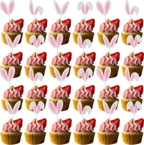 Happy Easter Cupcake Toppers, 24 Pcs Easter Bunny Cupcake Toppers Happy Easter Cupcake Toppers, Easter Cupcake Decorations Bunny Ears Cupcake Toppers