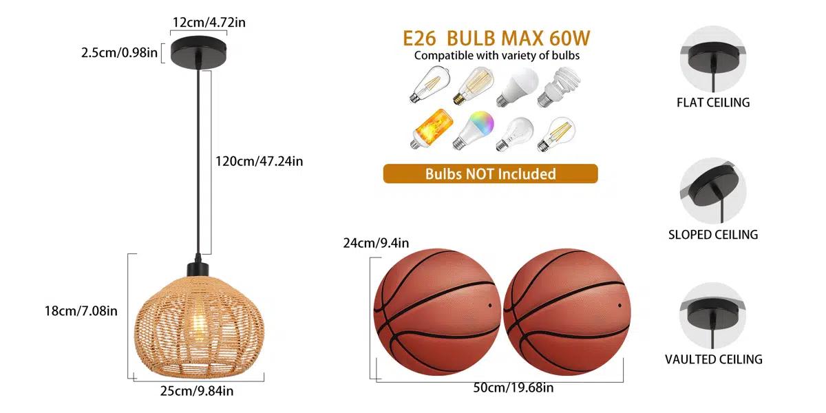 Garwarm 9.84 Inch Rattan Farmhouse Bohemian Pendant Light,Rustic Woven Pendant Ceiling Light Fixture, Farmhouse Pendant Lighting for Home Decro, Kitchen Island, Dinning Room,Bedroom, Living Room