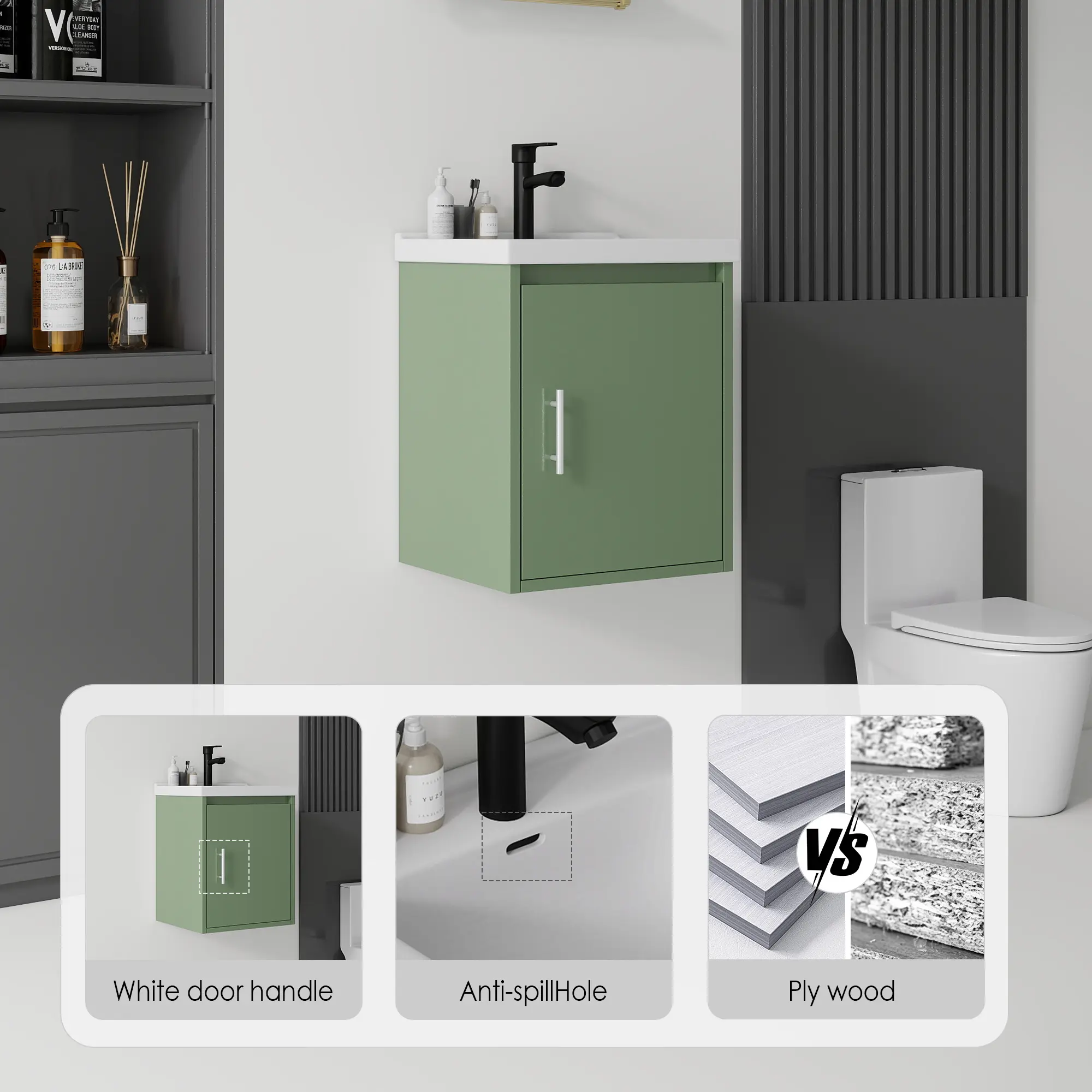 16-Inch Modern Square Floating Bathroom Vanity with Waterproof Ceramic Sink, Soft-Close Door, Plywood Construction, Skin Green Finish
