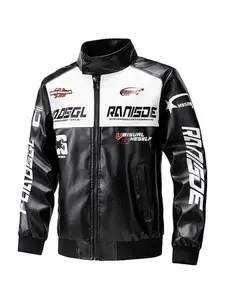 Men's Patchwork Letter Print PU Leather Zip Up Motorcycle Jacket, Casual Long Sleeve Pocket Outerwear for Fall & Winter, Men's Sportswear for Outdoor Activities