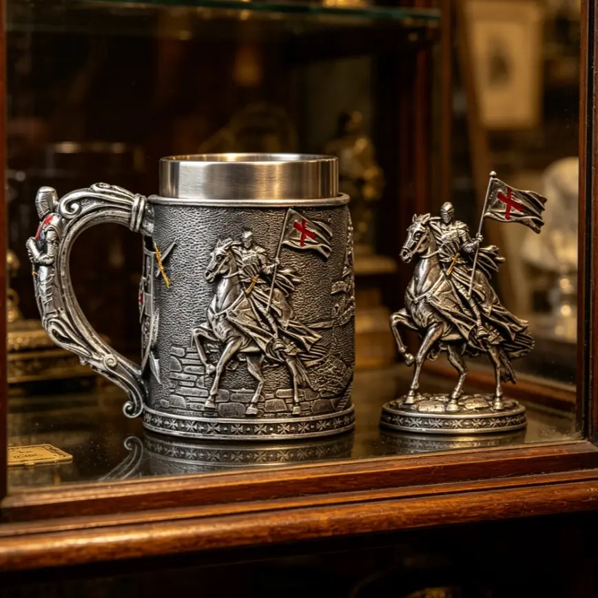 European Medieval Style Mug, Templar Knight Theme, Stainless Steel Inner Lining, Vintage Knight Large Capacity Beer Cup, Coffee Cold Drink, Collectible, Gift