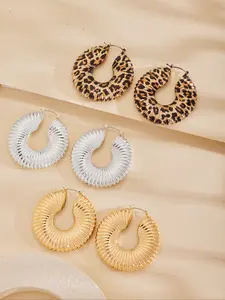 Fashion Trend New Metal Geometric Ring Striped Big Earrings, Punk Exaggerated Hollow Out Ear Rings, Silver Color Leopard Print, Statement Earrings