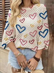 Spring Summer Women's Hollow Out Batwing Sleeve Knit Top Knitwear, Colorblock Heart Print, Casual Elegance Commuter Wear, Boho Beach Cover-Up