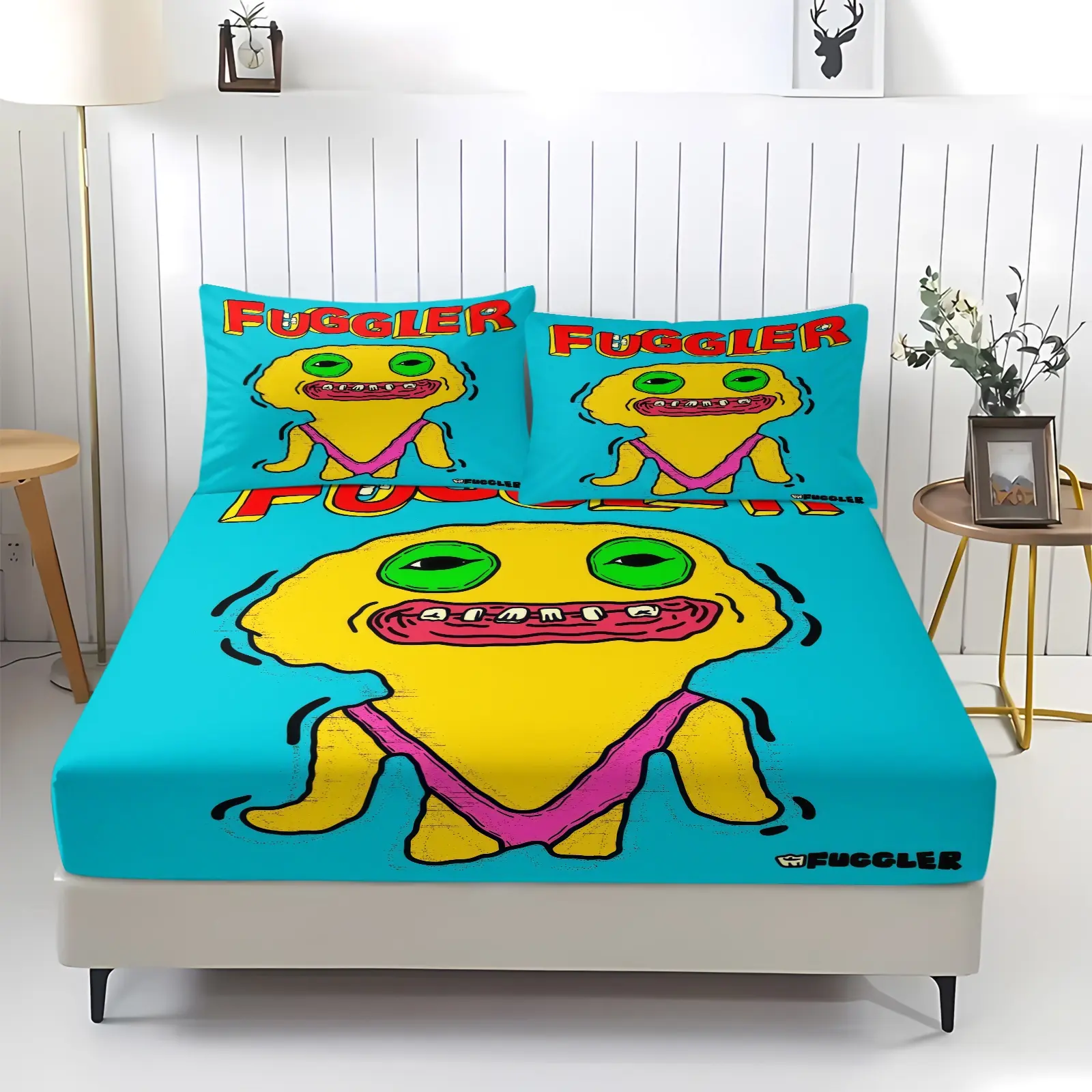 Fuggler Pattern 3-Piece Bed Linen Set, Comfortable Printed Design, Cute Bed Sheets, Includes 1 Sheet and 2 Pillowcases, Comfortable Bedding, Anti-Slip Dustproof Cover for Bedrooms and Guest Rooms