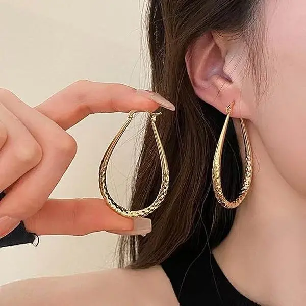 Hammered Teardrop Hoop Earrings, Lightweight Textured Oval Hoops for Women