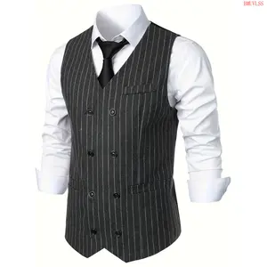 Bmuvlss Men's Slim Fit Double-Breasted Striped Vest - Black & White Vertical Stripes, British Style Business Casual Suit with Faux Pockets, Perfect for Spring/Fall