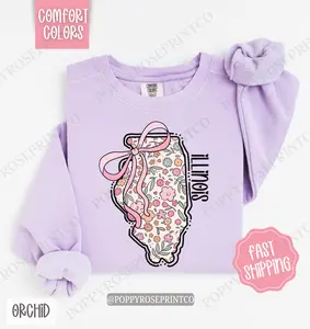 Illinois Floral Comfort Colors Sweatshirt, Illinois Sweatshirt, Cute Bow Illinois Sweatshirt