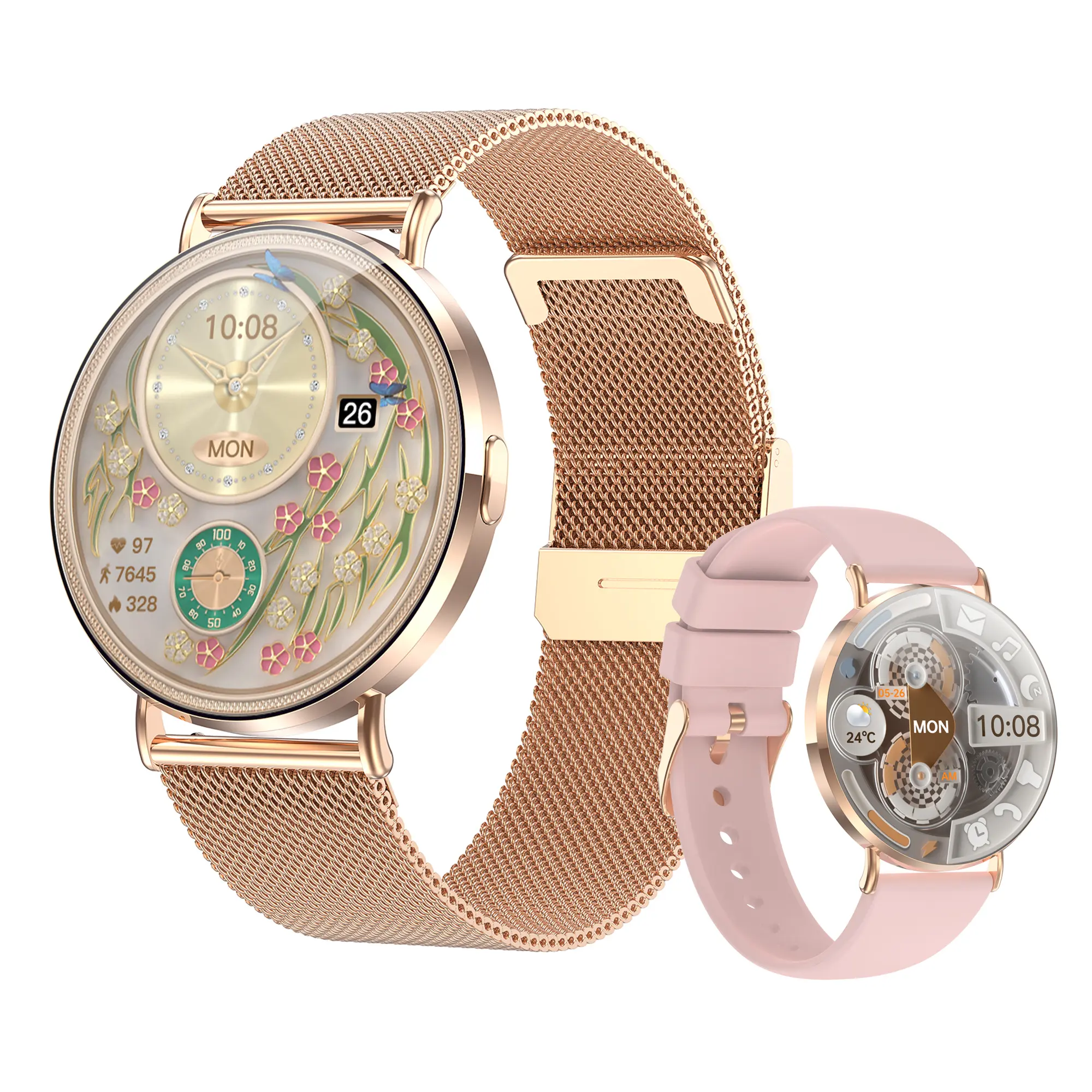 Ultra-Slim Smart Watches for Women( Call/2 Bands/All Metal) , 1.32"AMOLED Ultra-Clear Screen Fitness Tracker with SpO2/Heart Rate/Sleep Tracking,Waterproof Smart Watch for iPhone/Samsung/Android Remote Steel  Silicone Wearable Bluetooth  smart watch
