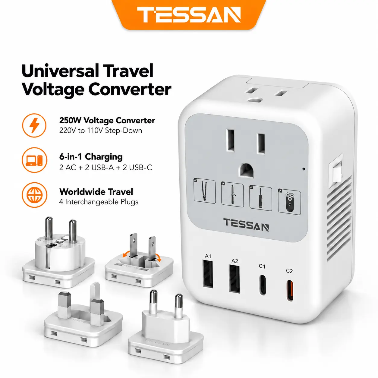 TESSAN 220V to 110V Voltage Converter US to Europe Universal Travel Adapter 4 USB Ports (2 USB-C), 2 AC and EU/UK/JP/FR Power Plug Adaptor, International Step Down Transformer
