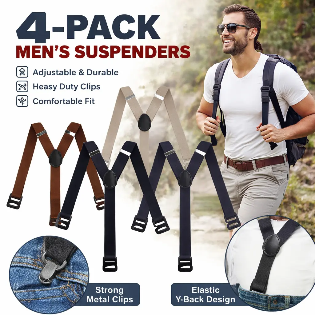 Men's Polyester Adjustable Hidden Suspenders 4-Pack - Under-Shirt Style with Heavy-Duty Clips, Airport-Friendly Invisible Design for Work Pants, Suits - Ideal for Christmas, Birthday, Father's Day, Hiking