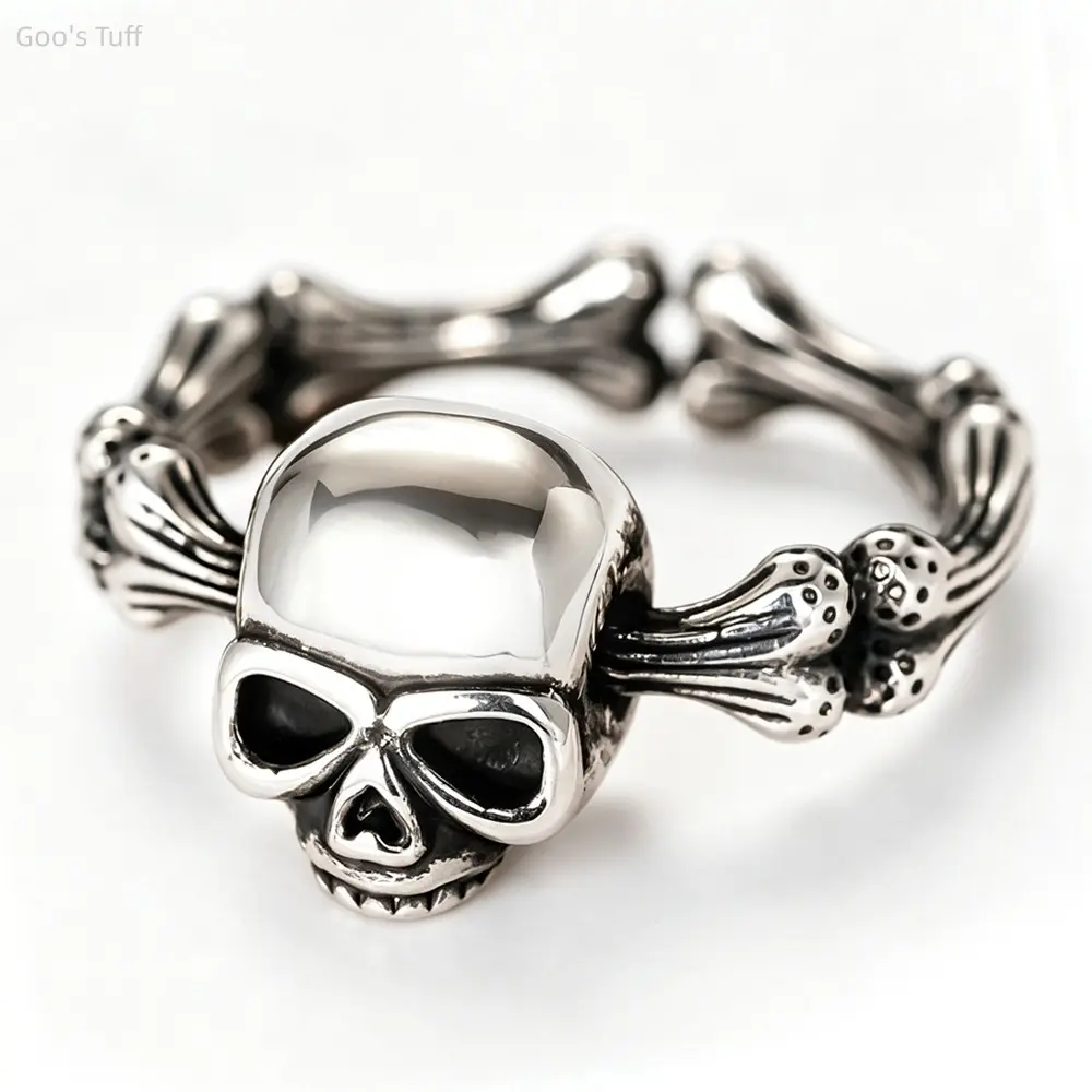 Women's Adjustable Open Band Ring - Antique Bone Skull, Distressed Dark Aesthetic, Viral Goth Halloween Costume Jewelry for Cosplay Parties, Street Wear & Gifting