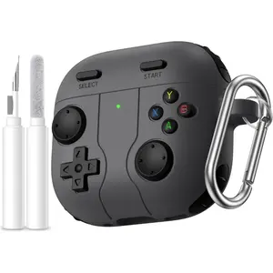 Game Case For AirPods 4 2024 Cover with Cleaner Kit, Keychain, Compatible with Airpods 4 Case Covers, Cute Funny Shock-Proof Protective Silicone AirPod 4 Cases For Men Boy-Black