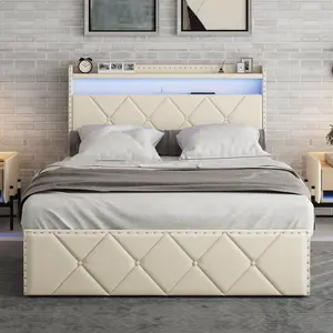 Queen Size Upholstered Bed Frame with 2 Drawers and Square Stitched Button, Bed Frame with Charging Station and LED Lights, Upholstered Headboard with 2-Tier Storage Shelves, Black