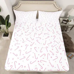 Pink Christmas Bed Sheets for Girls,Cartoon Christmas Candy Cane Fitted Sheet for Teenage Children,Xmas Decorations Bedding Set,Pink White Sheets