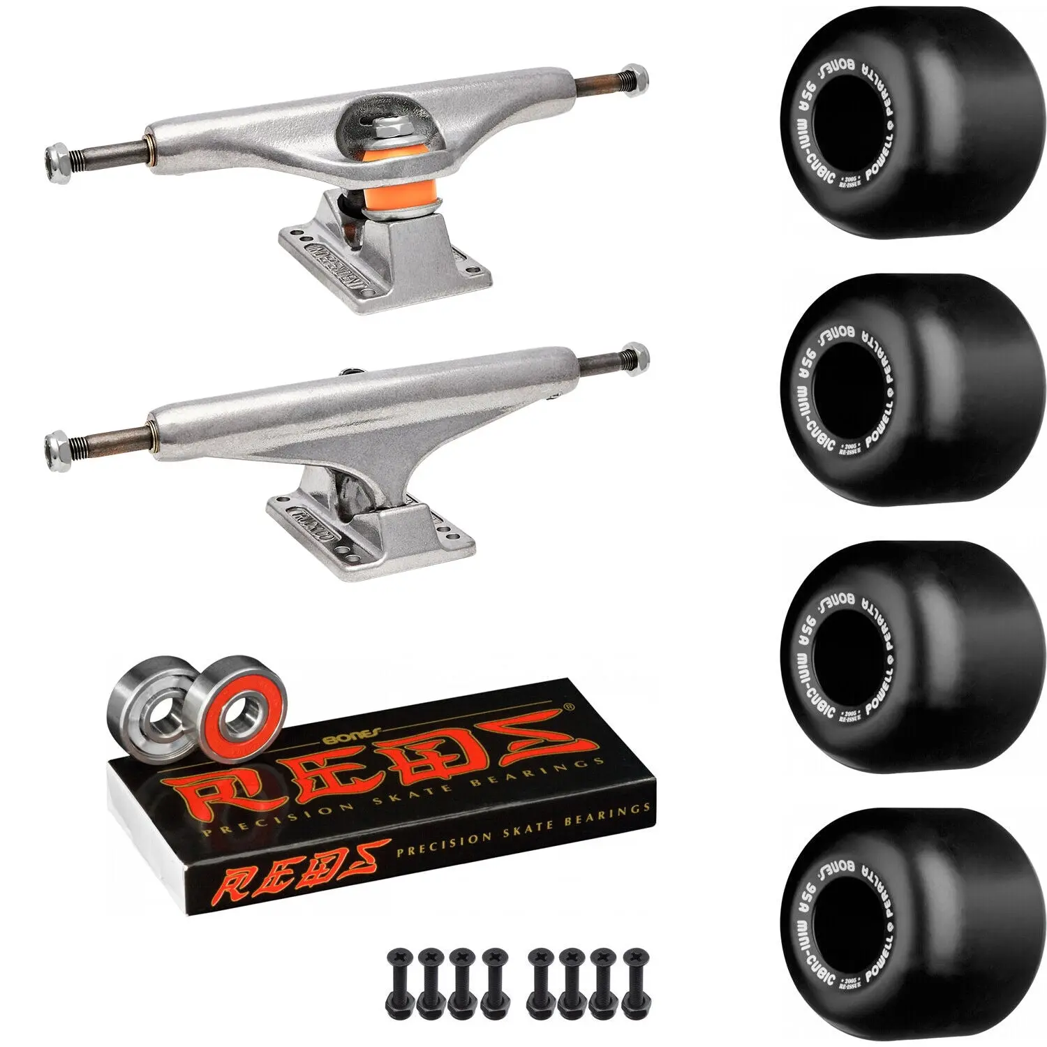 Independent Skateboard Package - 169 (9.12") Trucks, Powell Peralta Mini-Cubic Black Wheels, Bones Reds