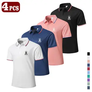 Men’s casual short-sleeve polo shirt set, 4 pieces, mixed colors; printed polo shirts, breathable and cool, suitable for all seasons—an ideal choice for holiday gifts.