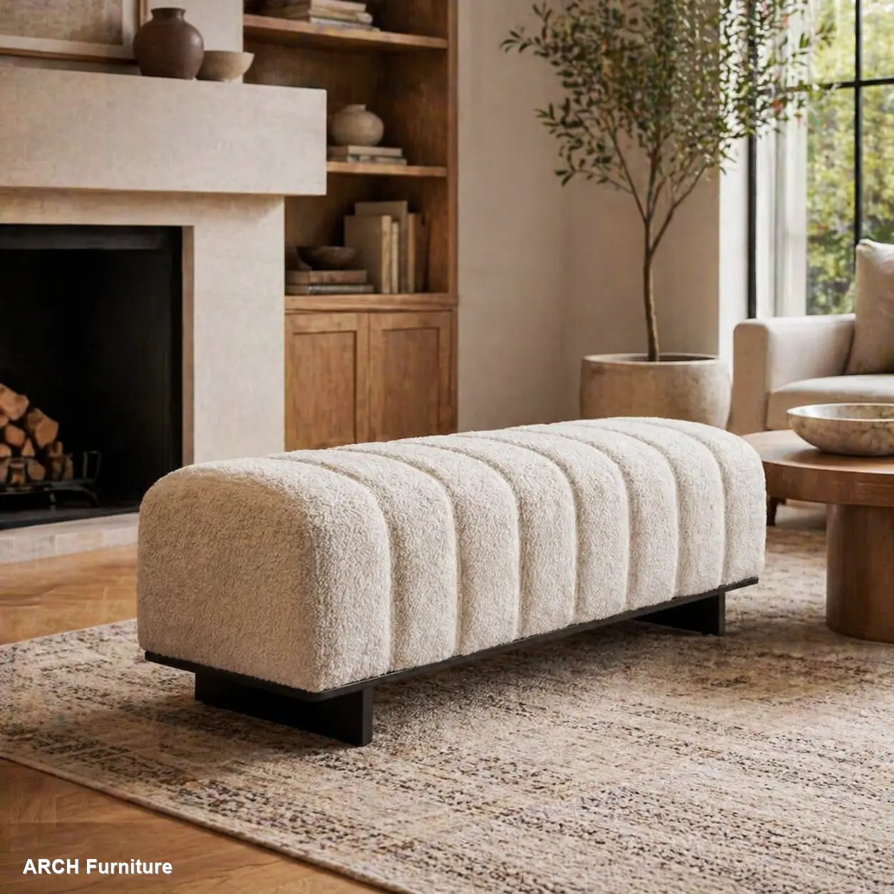 Modern Beige Plush Faux Fur Tufted Upholstered Rectangular Indoor Dining Bench - Sturdy Rubber Wood Legs, 250lbs Capacity, Soft Cushioned, Neutral Tone, Spacious Seating for Dining Room/Living Area