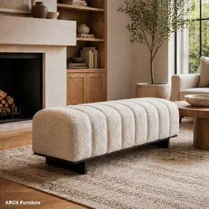 ARCH Indoor Dining Bench, Beige Faux Fur Fabric Bench with Rubber Wood Legs , 250lbs, Comfortable Seating for Dining Room/Living Area, Neutral Tone, Rubber Legs Tufted Upholstered Ottoman Soft Cushioned Stool, Textured Fur