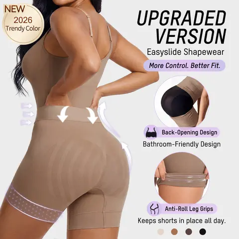SHECURVE EasySlide Upgraded Bathroom Friendly Shapewear for Women Tummy Control Butt Lift Bodysuit with Anti-Roll Leg Design Easy Back Opening Back Support for New Moms & Postpartum Recovery