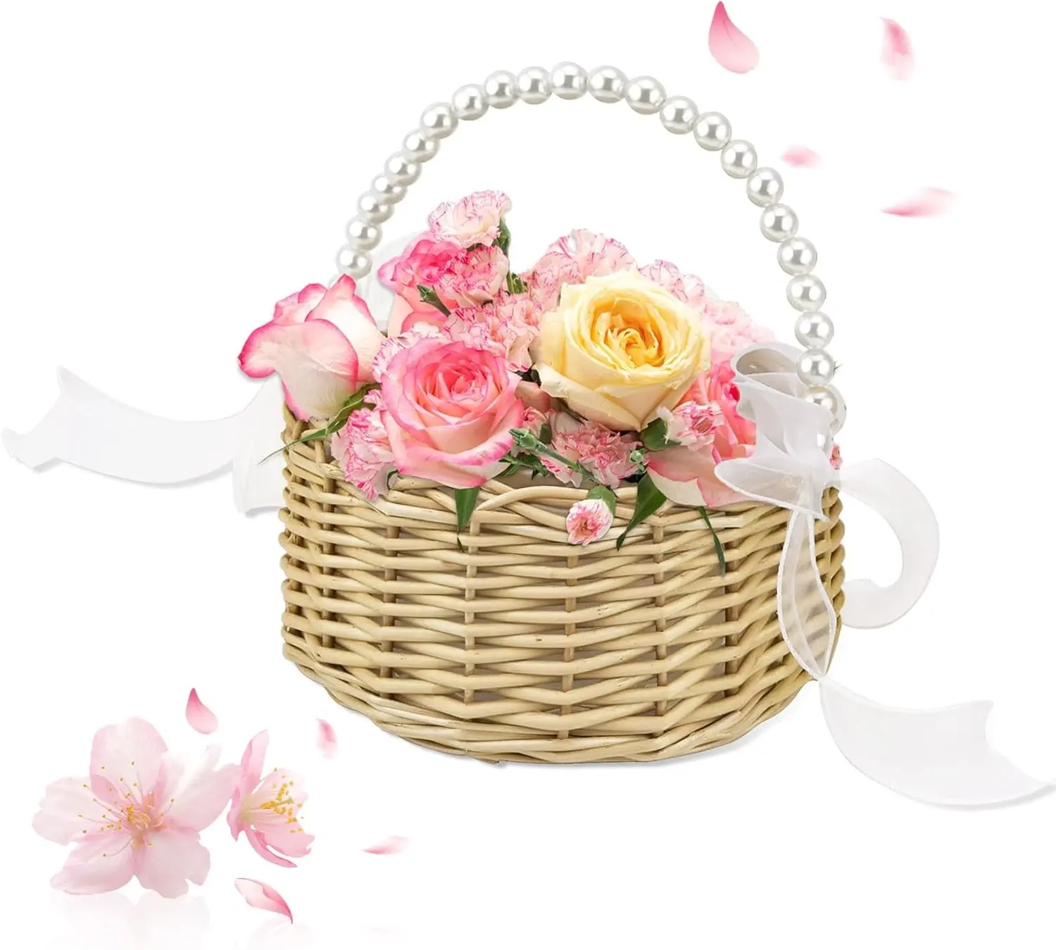 Large Handwoven Wicker Flower Girl Basket, Pearl Handle, Ribbon Bow – Home Organizer Storage Bin for Wedding Decor, Room Decor, Outdoor Picnic Photo Props, With Ribbon Bow