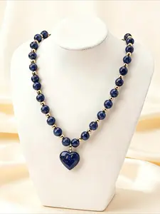 Bohemian Ethnic Style Fake Jade Heart Pendant Design Beaded Necklace, Vintage Casual Unique Women's Party Vacation Creative Necklace