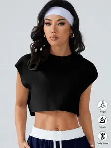 D1099 Women’s Summer Loose Fit Sleeveless Cropped Top, Casual Sports T-Shirt for Women, Trendy Summer Fashion