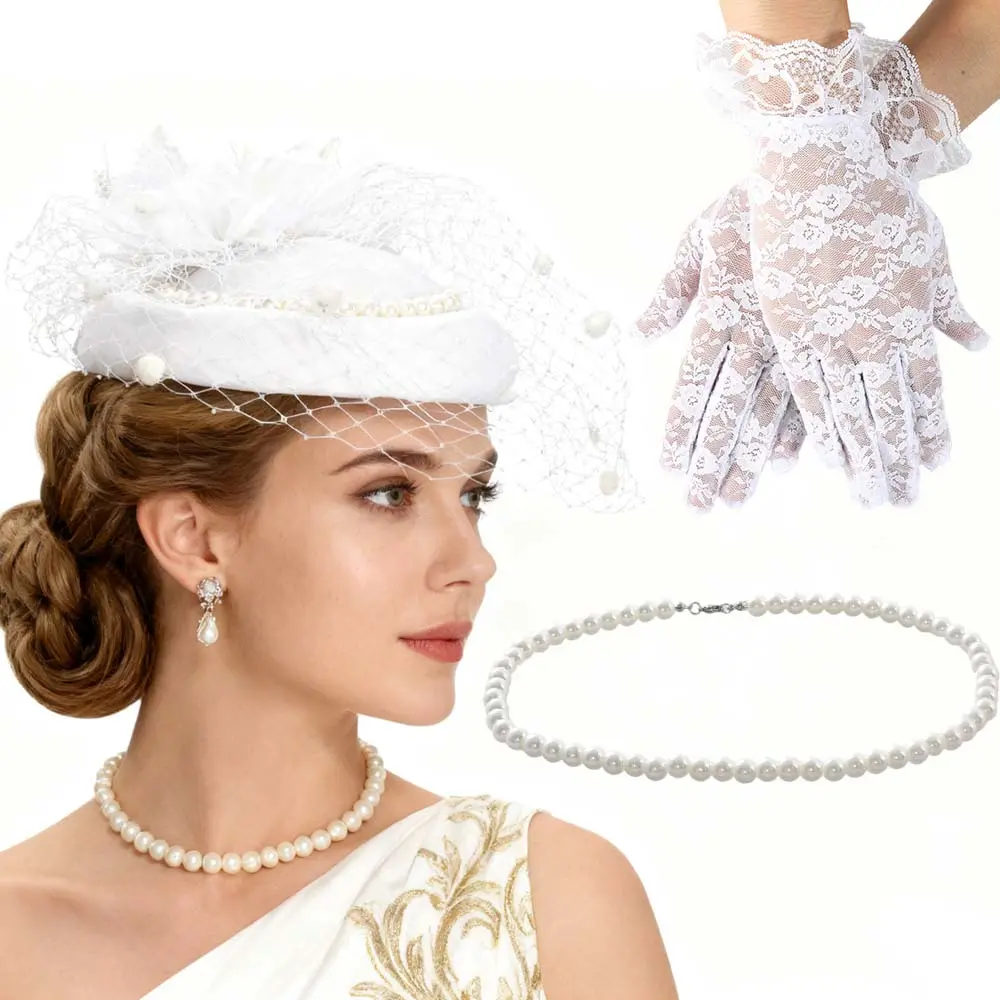 3 PCS Hat Set Women Vintage Tea Party Derby Wedding with Veil Lace Gloves Pearl Necklace