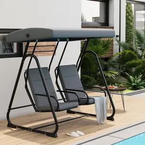 2 Person Porch Swing Chair, Heavy Duty Outdoor Patio Swing Glider with Adjustable Canopy & Removable Cushions, Independent Swing Chairs for Garden, Balcony, Poolside, Backyard, Dark Grey