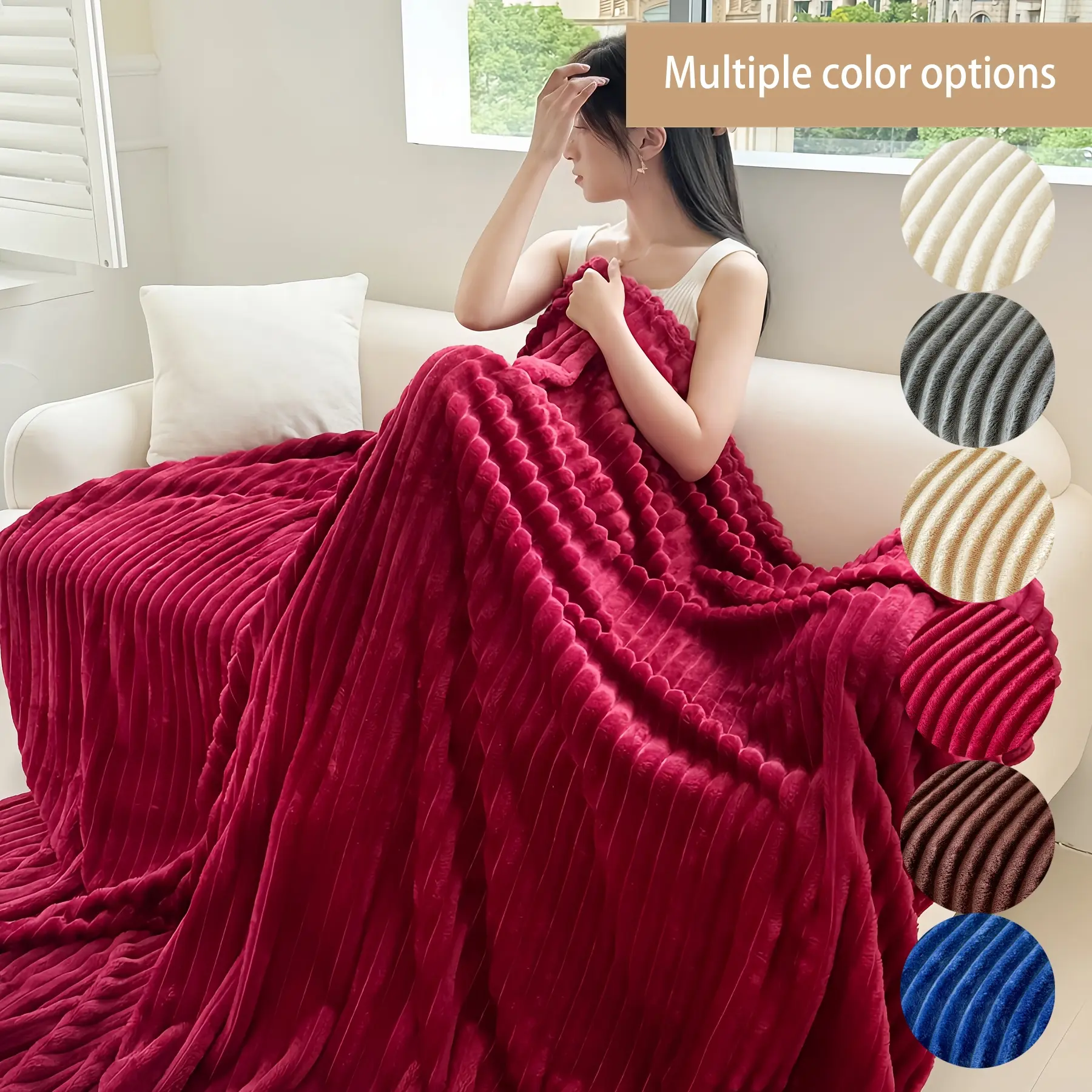 Solid Color Stripe Flannel Blanket, 1 Count Soft Comfortable Warm Throw, Air-conditioned Room Blanket, Warm Nap Blanket for Home & Office, Soft Lightweight Blanket, Soft Comfy Blanket, Christmas Gifts For GF