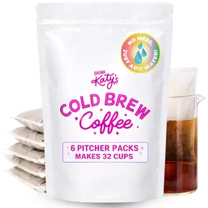 Katy’s Cold Brew Coffee Bags (Makes 32 Cups) Just Add Water & Steep - Smooth, Low-Acid, No Bitter Aftertaste – Medium-Dark Brazil Roast – 6 Large Pitcher Packs – Woman Owned
