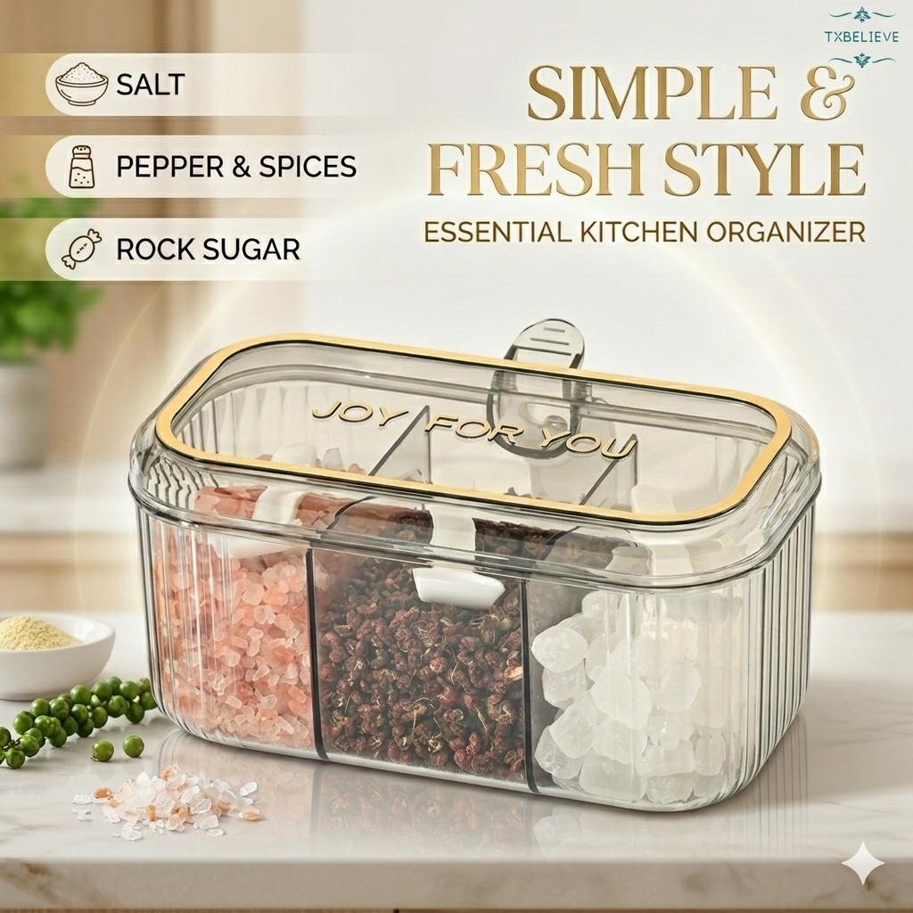 Kitchen 3-Compartment Seasoning Box with Lid — Simple & Fresh Home-Use Divided Container for Salt, MSG, Chicken Essence, and Spices
