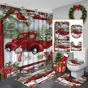 Christmas Truck & Snowman Shower Curtain Set, Includes Hooks, Bath Mat, Toilet Lid Cover, U-Shaped Pad, Holiday Gift Idea, Bathroom Decoration Accessories