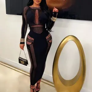 Women's Hollow Out Dress Black Long Sleeve Formal Womenswear Comfort Basic Summer Outfit with Crewneck for Festivals and Special Occasions