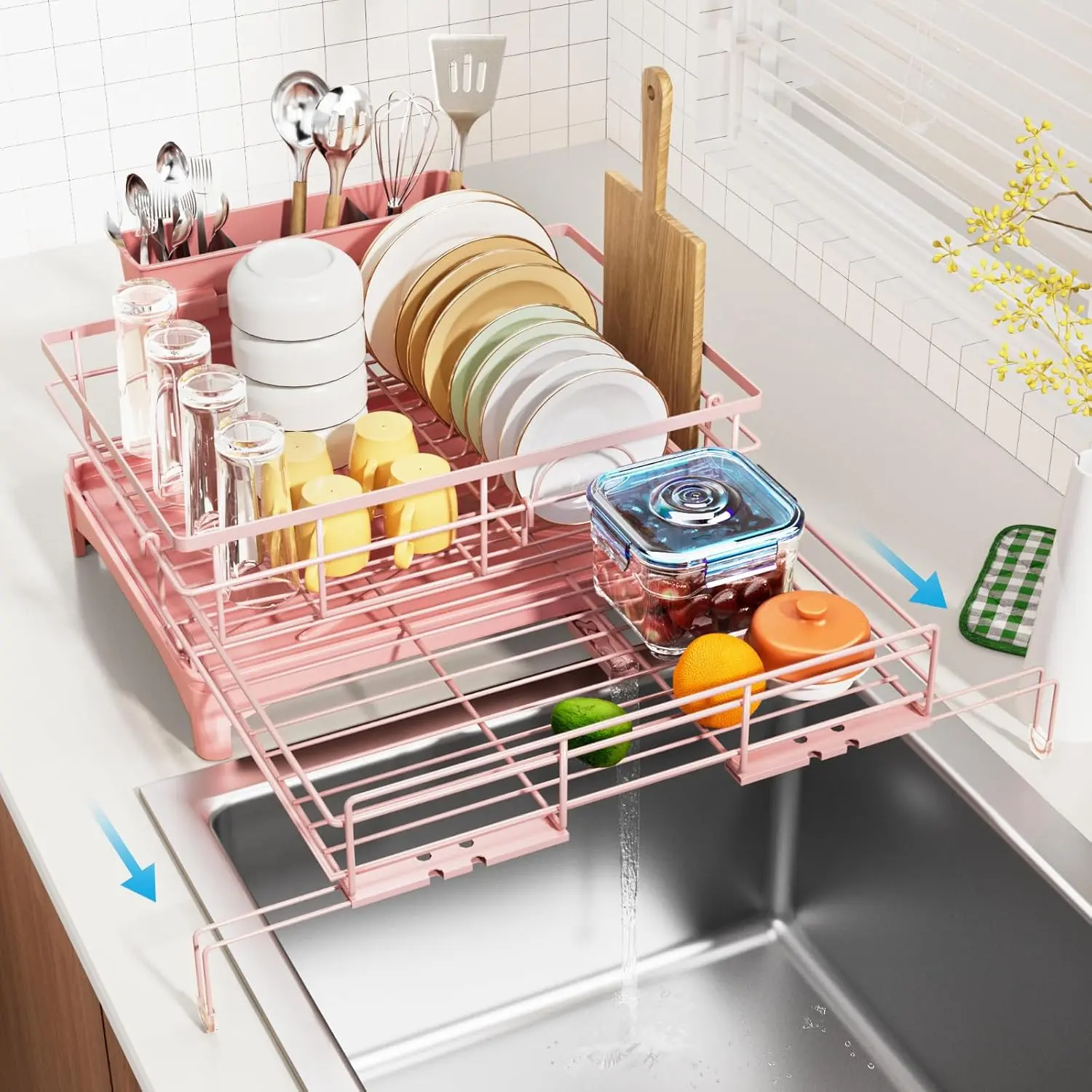 Dish Drying Rack - Expandable Rack, Large Capacity Dish Drainer for Kitchen Counter, Rust-Proof with Utensil Holder, Pink