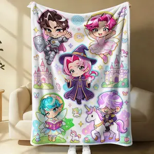 K-Pop Cartoon Boy Group Print Flannel Blanket, Soft Comfortable Thick Sofa Bed Decor Cover, Knight and Mage Adventure Style Office Nap Travel Camping Throw Cover, All Seasons Use Fan Gift