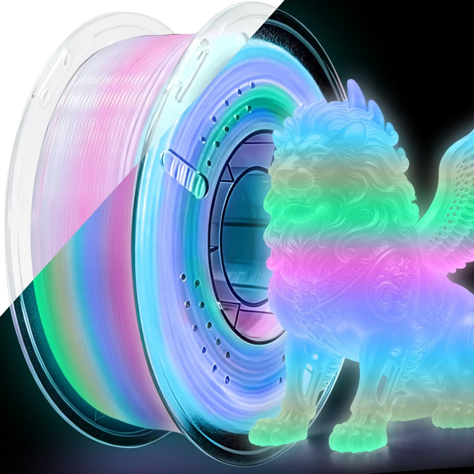 Glow in the Dark PLA+ Filament 1.75mm, Neatly Wound Luminous Bright 3D PLA+ Printing Filament, Powerful Luminescence & Long-Lasting Afterglow, Fit for Most 3D Printer - 1kg Spool (Rainbow2)