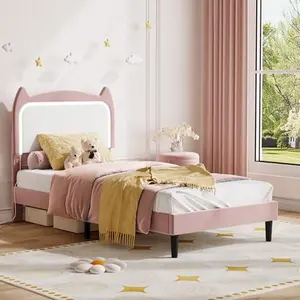 Twin Size Velvet Upholstered LED Platform Bed Frame with Cute Cat Headboard, Sturdy Wood Slats Support, No Box Spring Needed, Child-Friendly Princess Bed for Girls, Pink, Child-Friendly Beds