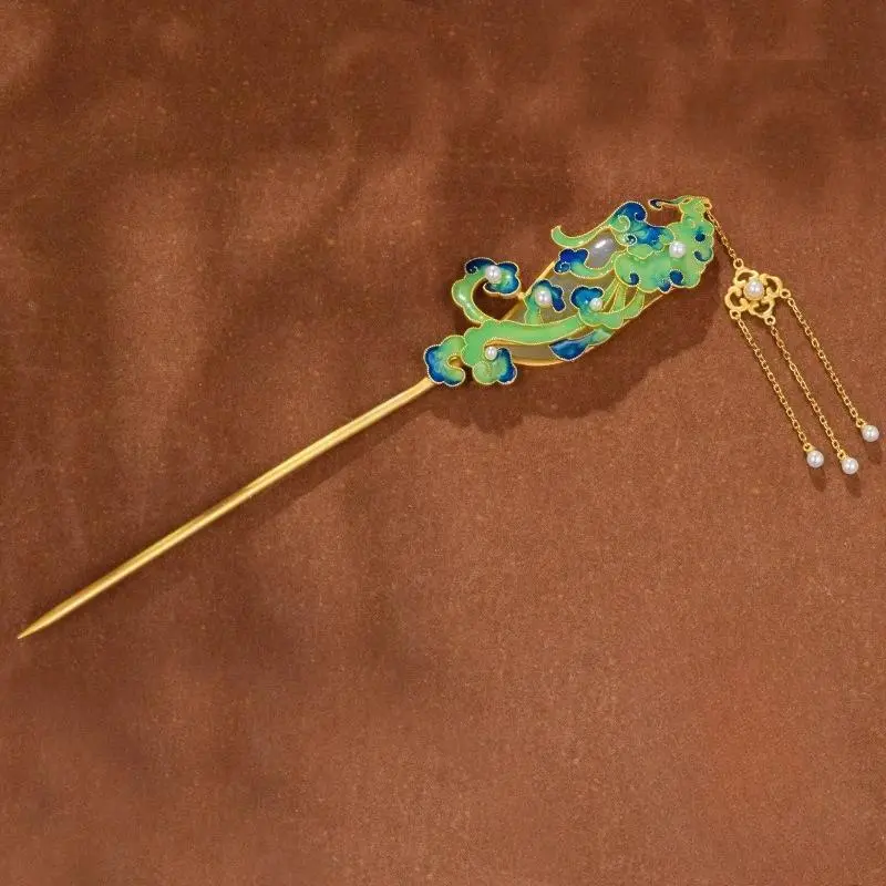 Pure Silver Hetian Jade 'Auspicious Phoenix' Hairpin - Vintage Fringe Natural Gemstone Enamel Princess Updo Hair Ornament, Enamel Hair Pins, Princess Hair Pins