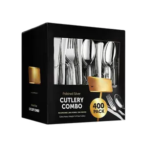 400 Plastic Silver Cutlery Set - Disposable Silverware Set - Flatware Set - 200 Forks - 100 Spoons - 100 Knives - Heavy Duty - Party Bulk