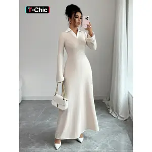 Elegant long-sleeve dress with a shirt collar and cinched waist, fitted plain design for fall and winter, women’s stylish minimalist clothing