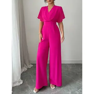 Women's Jumpsuit, V Neck Short Sleeve Wide Leg One-Piece Woven, Commuter Casual Vacation Wear, Ladies Fashion Fit